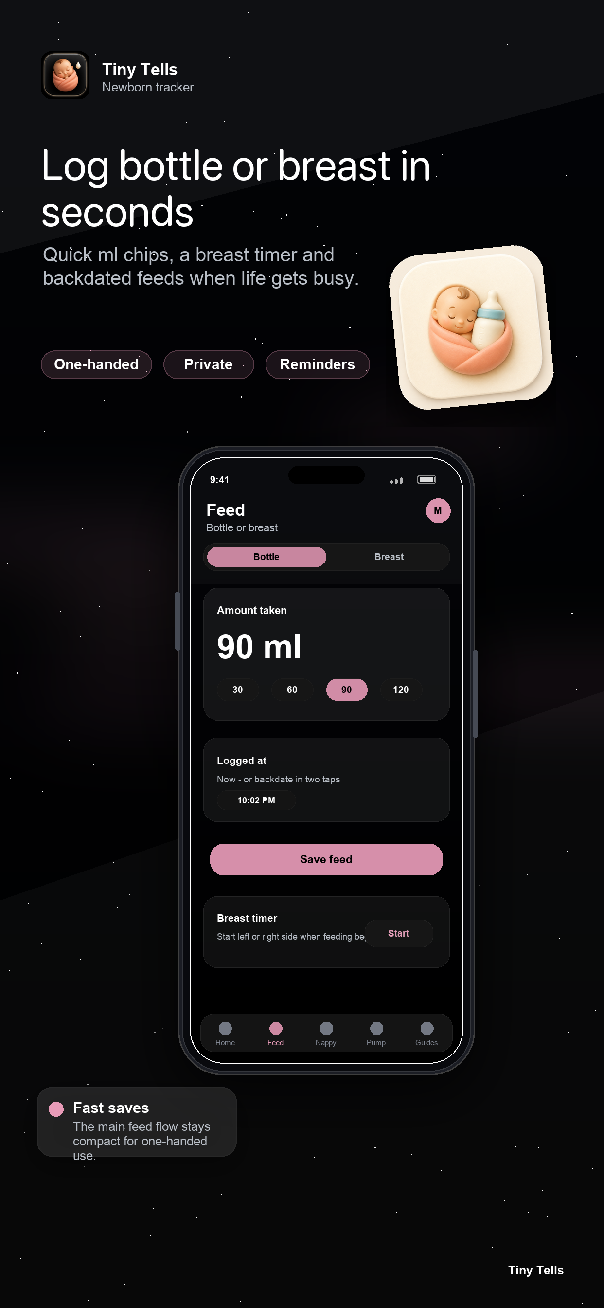 Tiny Tells feed logging screen with bottle and breast-feed controls