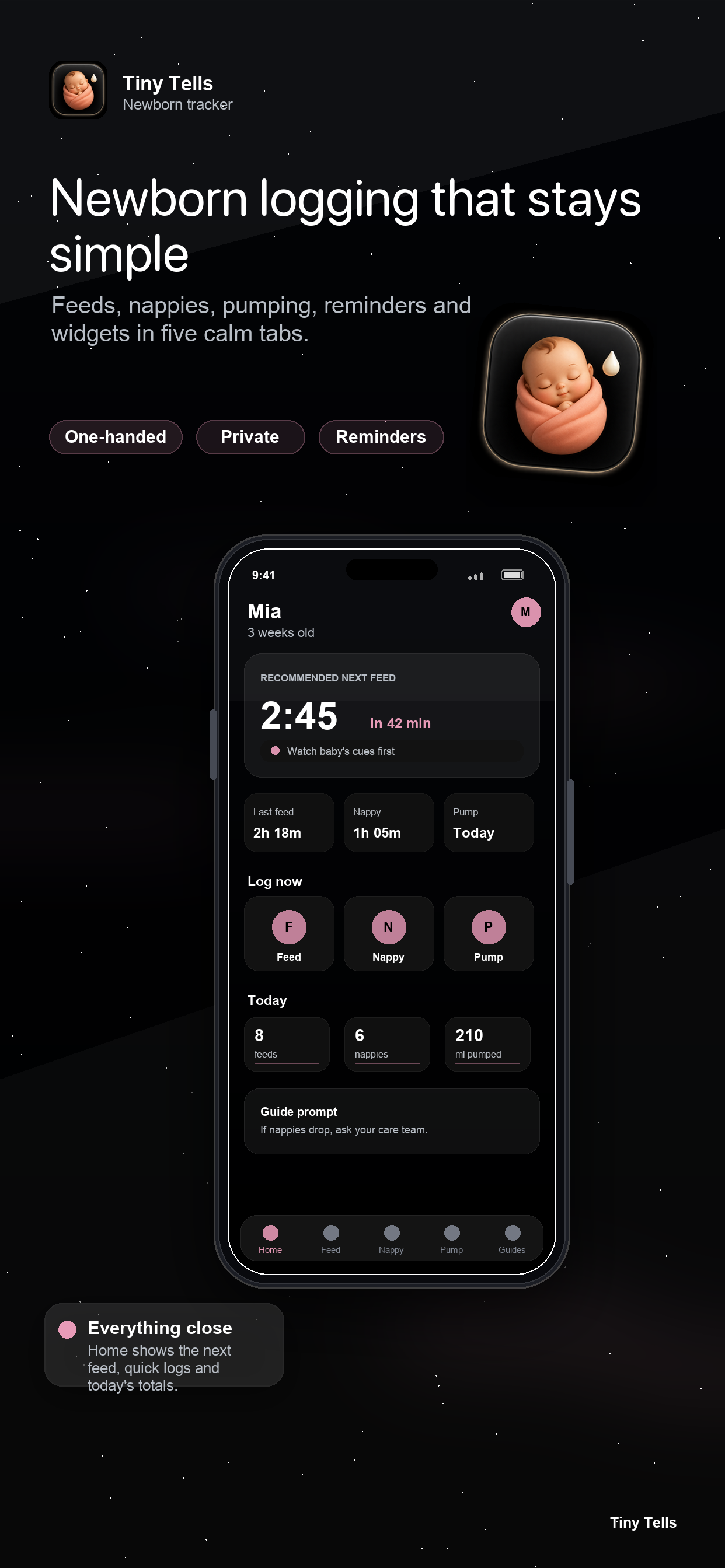 Tiny Tells home screen showing next feed guidance, quick log buttons, and daily totals