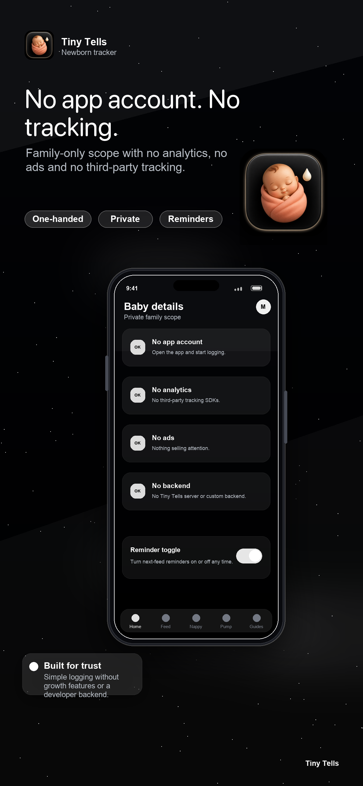 Tiny Tells privacy-focused app screen highlighting private family storage